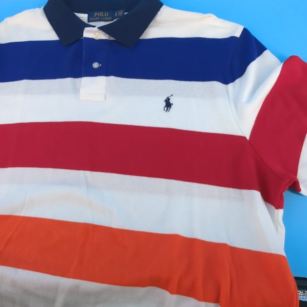 Polo Ralph Lauren Mens XL Classic Fit Multi-Color Striped Pique Polo Shirt